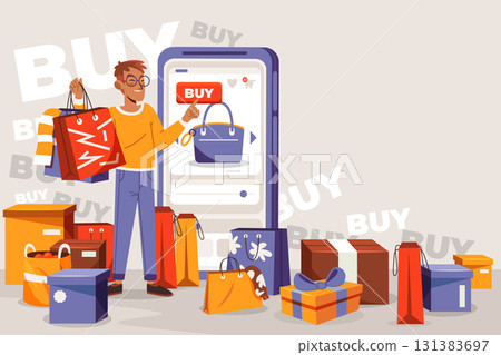 Flat Hand Drawn Consumerism Background with Shopping Bags, Boxes, and Sale Elements Flat Hand Drawn Consumerism Background with Shopping Bags, Boxes, and Sale Elements 131383697