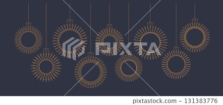 Luxury elegant natural botanical bohemian line Christmas bauble, toy, ball elements for greeting card, banner, poster, cover, wedding invitation. Cute round hanging boho vector decoration. 131383776