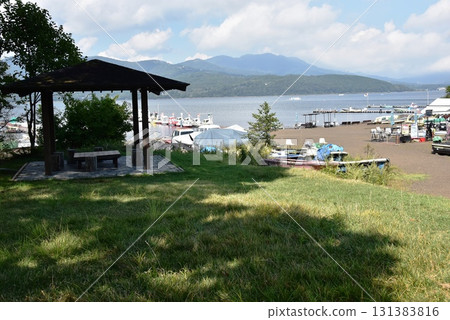Yamanashi Prefecture: Lake Yamanaka, gazebo, and rental boats 131383816