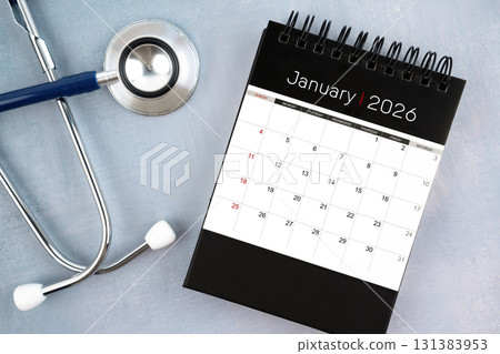 January 2026 calendar and stethoscope, Medical appointment schedule to check up concept. 131383953