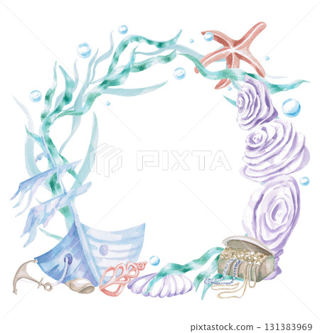Round frame with a sunken ship, corals, a starfish and a chest. Isolated watercolor illustration of sea creatures for children's interiors, cosmetics, greeting card design and themed holidays. 131383969