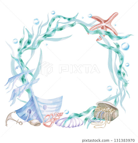Round frame with a sunken ship, seaweed, starfish and a chest. Isolated watercolor illustration of sea creatures for children's interiors, cosmetics, greeting card design and themed holidays. 131383970