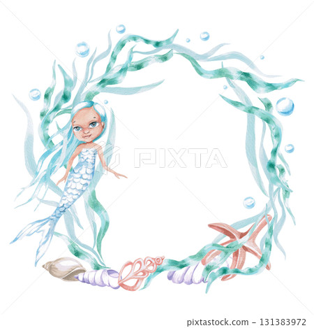 A round frame with seaweed, a starfish, and a mermaid. Isolated watercolor illustration of sea creatures for children's interiors, cosmetics, greeting card designs, and themed holidays. A round frame with seaweed, a starfish, and a mermaid. Isolated watercolor illustration of sea creatures for children's interiors, cosmetics, greeting card designs, and themed holidays. 131383972