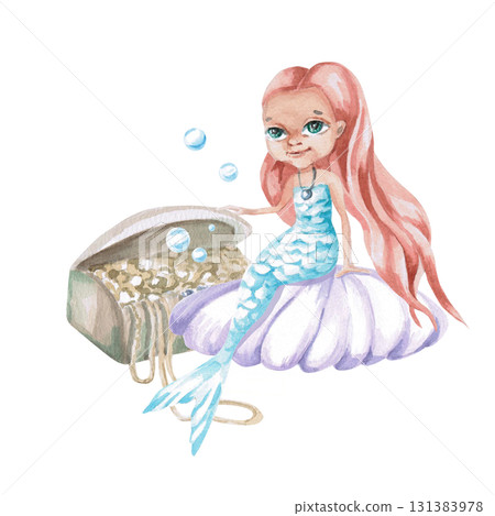 A mermaid on a shell with a chest of treasures. Isolated watercolor illustration of a fairytale character for children's interiors, cosmetics, greeting card designs, and themed holidays. 131383978