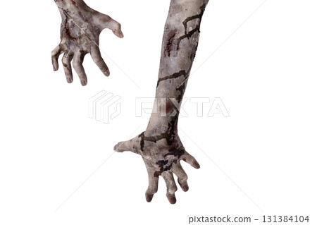 The zombies hand with wounds and blood try to reach something isolated over a white background. Zombie, devil, evil, satan, or monster hand. Concept of Halloween or Horror The zombies hand with wounds and blood try to reach something isolated over a white background. Zombie, devil, evil, satan, or monster hand. Concept of Halloween or Horror 131384104