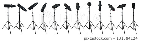 Collection set of professional studio lighting equipment isolated over a white background Collection set of professional studio lighting equipment isolated over a white background 131384124