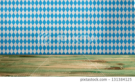 Top view of a blue checkered tablecloth or napkin with a wooden table background. Copy space. Concept of Oktoberfest. Bavarian German culture festival decoration symbol 131384125