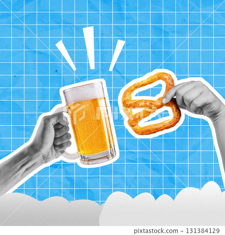 Human hand holding a glass beer mug and a pretzel loaf to celebrate Oktoberfest with a colored background. Collage art of Oktoberfest Human hand holding a glass beer mug and a pretzel loaf to celebrate Oktoberfest with a colored background. Collage art of Oktoberfest 131384129