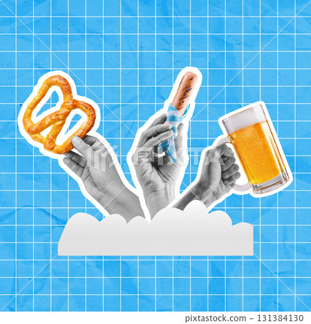 Human hand holding a glass beer mug, sausage with a blue checkered tablecloth or napkin, and a pretzel loaf to celebrate Oktoberfest with a colored background. Collage art of Oktoberfest 131384130