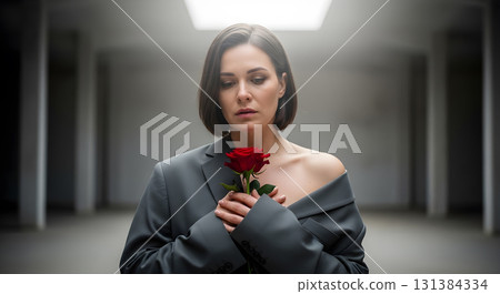Woman in Blazer Holds Red Rose with Somber Expression 131384334