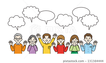 不同世代的男女以微笑歡迎的對話氣泡和上身向量插圖_顏色 131384444