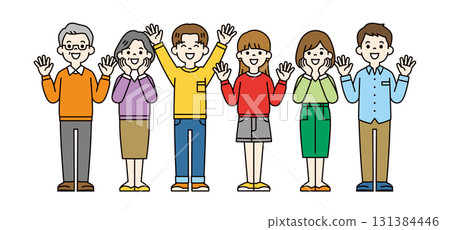 A simple vector illustration of a three-generation family welcoming with joy. 131384446