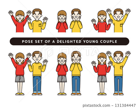 一組向量插圖，描繪了一對年輕男女夫婦被感動、被觸動和留下深刻印象的場景。顏色 131384447