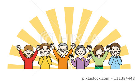 集中線和上身向量插圖，描繪了三代家庭的父母和孩子在勝利時舉起手臂 131384448