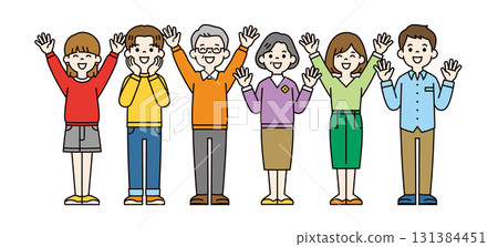Smiling and cheering, full-body vector illustration of a three-generation family of parents and children, color 131384451