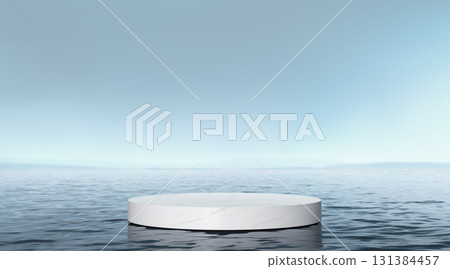 White marble podium stand in calm sea water scene 131384457