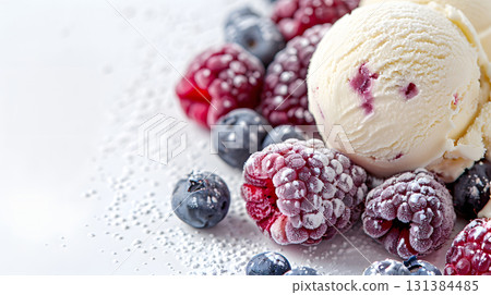 scoop of berry ice cream with frozen mixed berries on white background 131384485