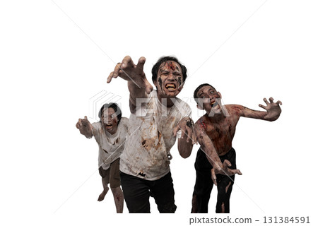 Portrait of three scary male zombies with wounds and blood on their bodies isolated over a white background. Spooky expression. Concept of Halloween or Horror Portrait of three scary male zombies with wounds and blood on their bodies isolated over a white background. Spooky expression. Concept of Halloween or Horror 131384591