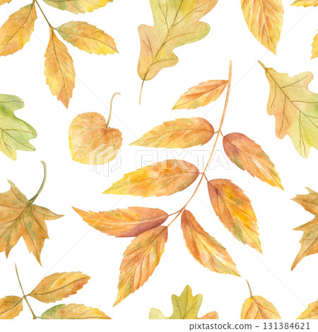 Watercolor autumn falling leaves in orange, yellow, green colors seamless pattern on isolated background. Fall maple, oak, elm, ash leaf illustration. Flying foliage ornate for textile, package. 131384621