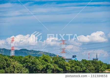 Power line tower standing on the banks of the Yodo River, Takatsuki City, Osaka Prefecture Power line tower standing on the banks of the Yodo River, Takatsuki City, Osaka Prefecture 131384658