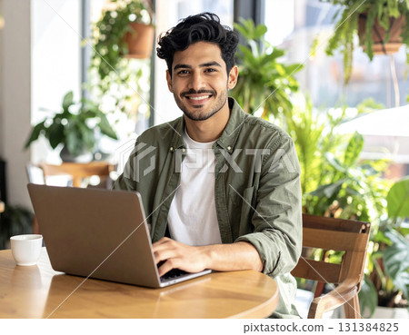 AI-generated image: Portrait of a young man working on a laptop in a cafe 131384825