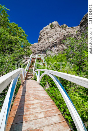 wooden stairs and passageways on hiking route in mountains wooden stairs and passageways on hiking route in mountains 131384861