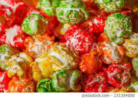 popcorn multicolored sweet glazed, close-up, selective focus popcorn multicolored sweet glazed, close-up, selective focus 131384880