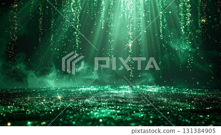 魔法、奇幻、大自然和植物的圖像。夢幻般的圓形舞台背景沐浴在綠光中。 131384905