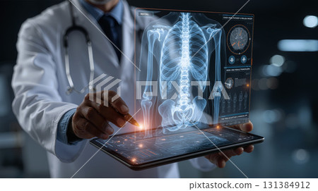 Doctor analyzes digital x-ray on tablet in modern healthcare setting Doctor analyzes digital x-ray on tablet in modern healthcare setting 131384912