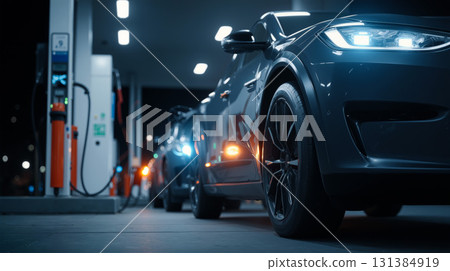 Electric cars charging at a modern charging station during the night with bright lights illuminating the scene 131384919