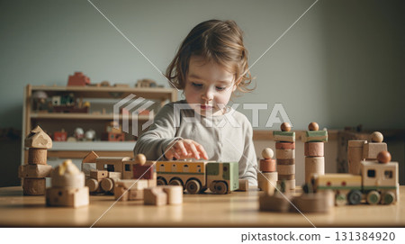 Child engages with educational wooden toys in a playroom during afternoon hours 131384920