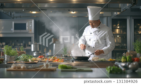 Chef prepares a gourmet meal in a modern kitchen with fresh ingredients and vibrant colors 131384926