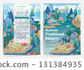 Modern Spirit of Korean Mask Dance in Korean Scenic Nature. Vector Illustration Template set  131384935
