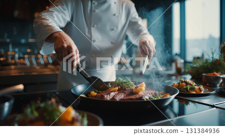 Chef skillfully prepares gourmet dishes in a modern kitchen with fresh ingredients and vibrant colors 131384936