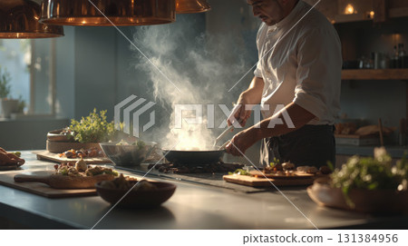 Chef skillfully cooks in a bright and modern kitchen surrounded by fresh ingredients and steaming dishes 131384956