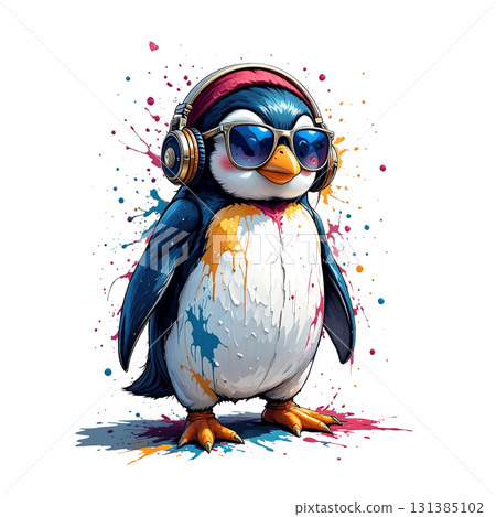 Cute penguin wearing sunglasses and headphones, with bright splashes of paint, illustrated in a cheerful, urban. Cute penguin wearing sunglasses and headphones, with bright splashes of paint, illustrated in a cheerful, urban. 131385102