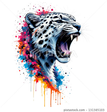 Intense illustration of a roaring snow leopard head with white and black fur and bright, vibrant paint splatters. wild animal. Intense illustration of a roaring snow leopard head with white and black fur and bright, vibrant paint splatters. wild animal. 131385103