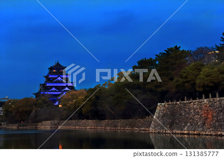 [Hiroshima Prefecture] Night view of Hiroshima Castle illuminated from the inner moat (honmaru and castle tower) 131385777
