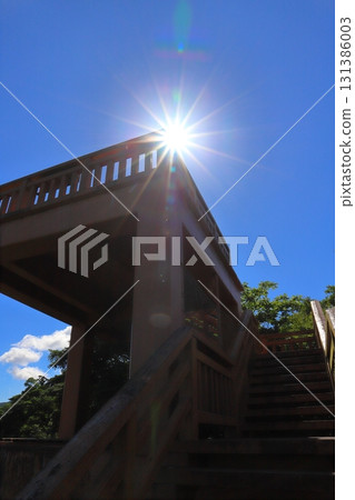 Observation deck, stairs, sun, blue sky, trees Observation deck, stairs, sun, blue sky, trees 131386003