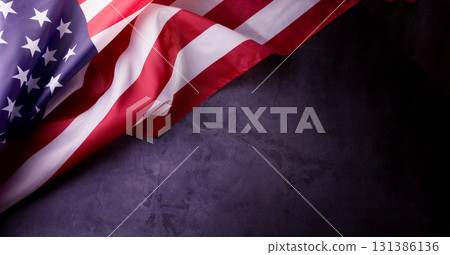 American Flag on the grey background with copy space . Border for Independence day or Veteran's day. American Flag on the grey background with copy space . Border for Independence day or Veteran's day. 131386136