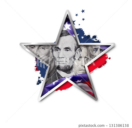 Collage of US Presidents portraits cut out of Dollar bills clipped mask in the shape of a star. Good for Happy Presidents Day, Independence Day, or another national holiday. 131386138