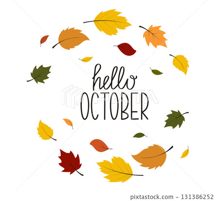 Hello October lettering. Autumn leaves background. Vector illustration for design, card, sale, background 131386252