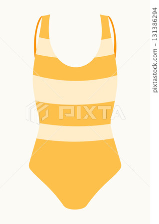 Yellow female striped swimsuit. Clothes for vacation, summer, swimming, recreation. Vector element for design 131386294