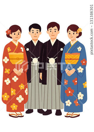 Flat minimalist background transparent illustration of young people wearing furisode and hakama at coming-of-age ceremony 131386301