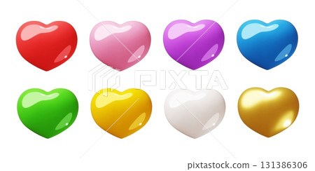 3d multicolor hearts. Glossy volumed love symbols, render romantic signs, valentine day elements, social media emoji likes, realistic shapes graphic for design, classy vector isolated set 131386306