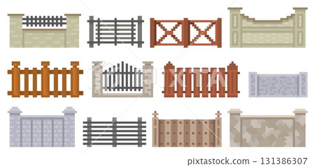 8 bit fences. Pixel retro game assets, stone, wooden, brick borders segments, farm and city barriers, country locations architectural elements, qualitative vector cartoon isolated set 131386307