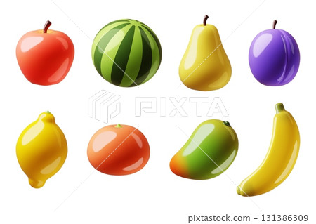 Cartoon 3d fruits. Juicy glossy elements, tropical, exotic vegetarian food, organic apple, watermelon, fresh mango and banana, whole lemon and pear, vitamin icons, classy vector isolated set 131386309