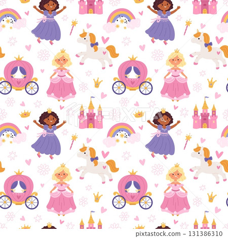 Cartoon funny princess seamless pattern. Repeated royal daughters in magnificent dresses, crowns, girly elements. Textile, wrapping paper, wallpaper. Print for fabric garish vector background 131386310