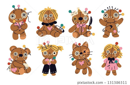 Cartoon halloween dolls. Funny creepy stitched voodoo toys, spooky patchwork fabric characters, handmade raggedy cats, puppet bears, occult scary boys and girls, garish vector isolated set 131386311