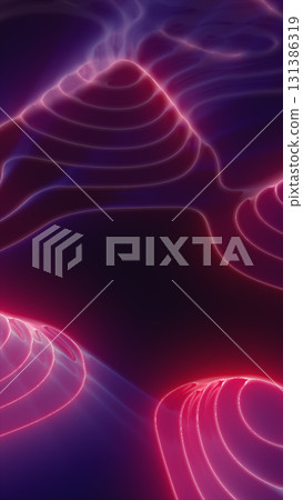 Smooth, neon pink and purple glowing ridges forming undulating 3D terrain over a dark abstract surface 131386319